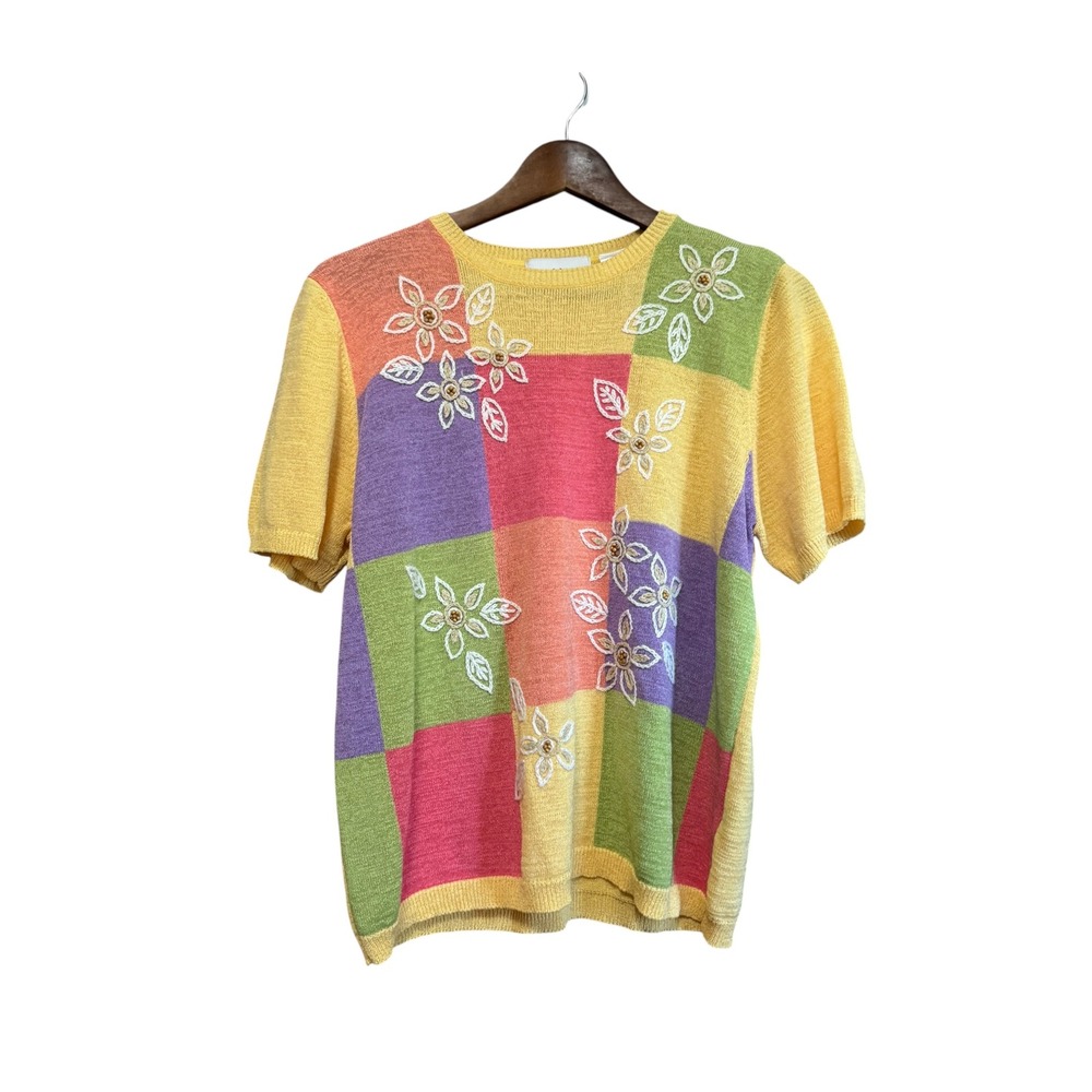 Alfred Dunner Knit Sweater Women M Yellow Multi Colorblock Floral Embroidered EC